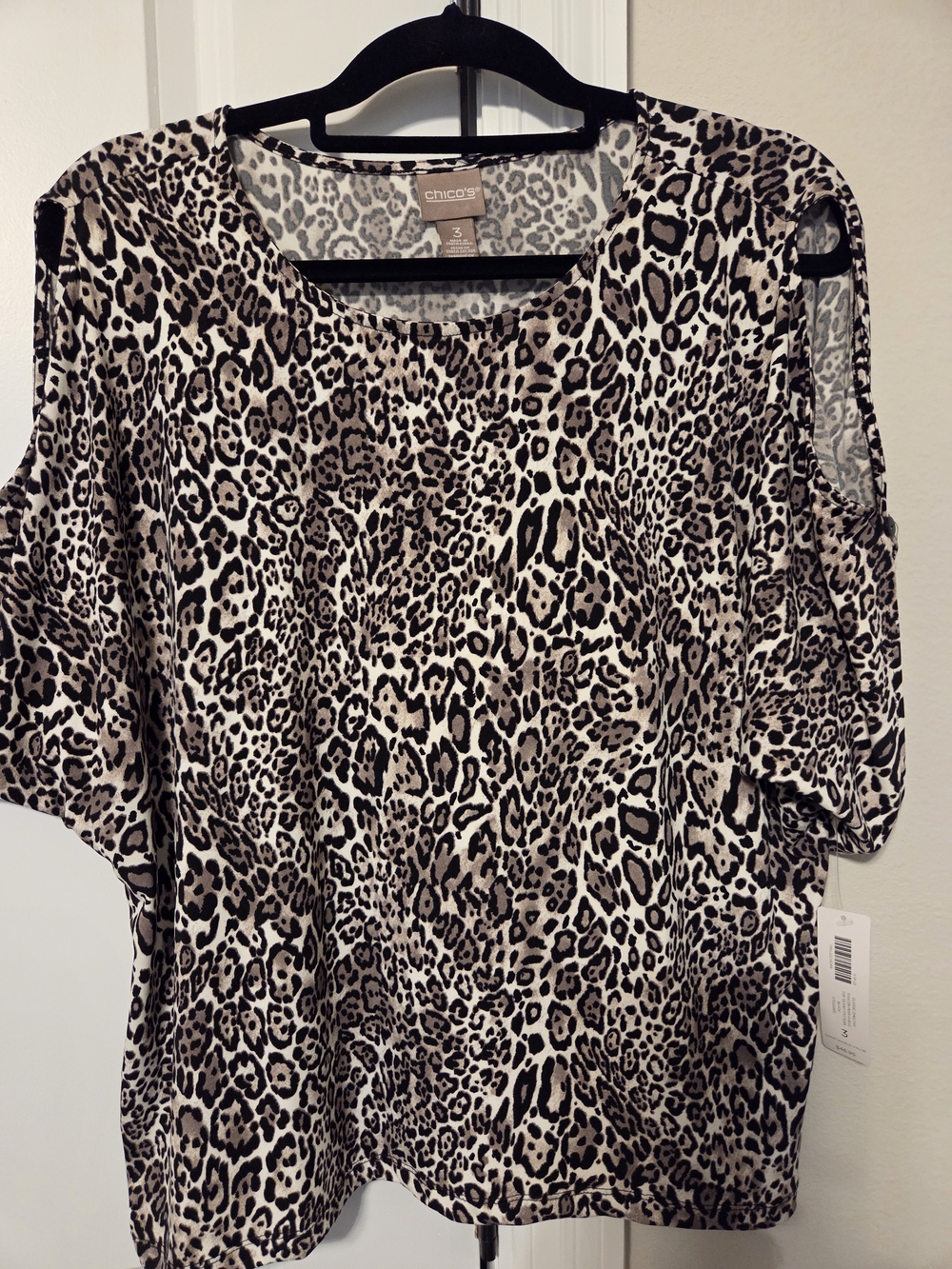 Chico's Beige and Black Leopard Cold-Shoulder Blouse
